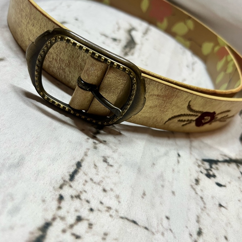 Boho‎ Embroidered Leather Belt with Floral Stitching & Antique Brass Buckle